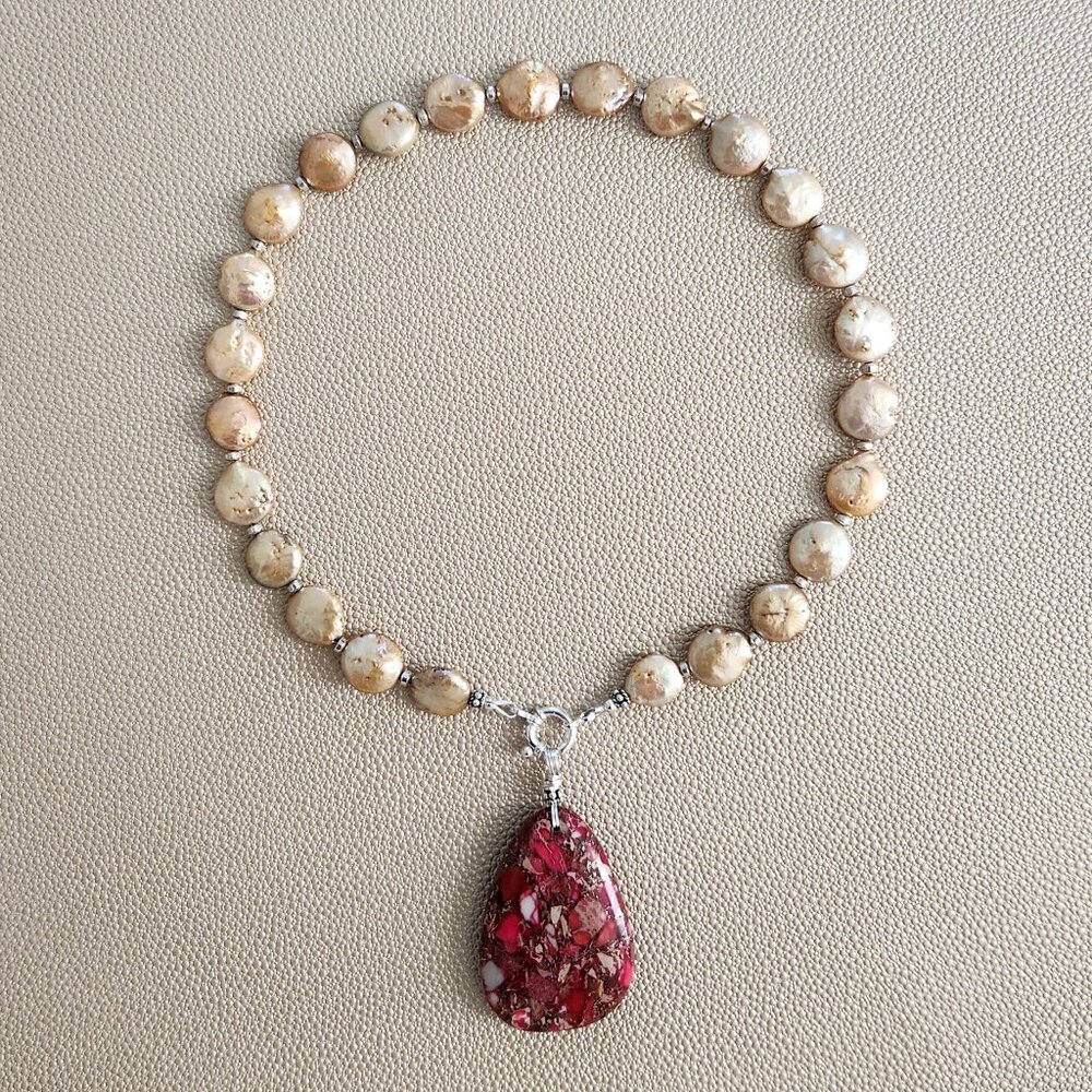 GOLD COIN PEARL NECKLACE W/ RED JASPER DROP--16"